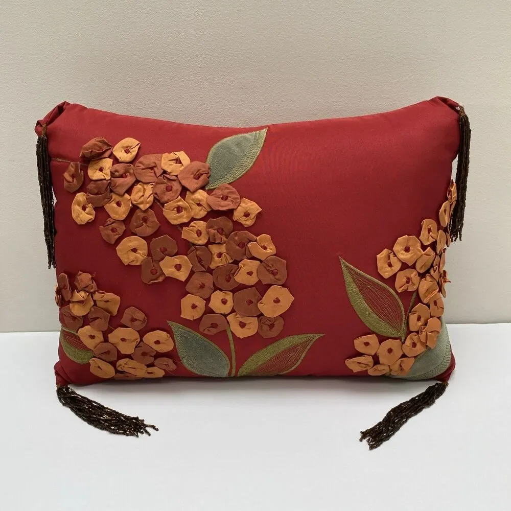 Pier 1 Boho Pillow Red Satin Ribbon Appliqué Floral Embroidered Beaded tassels
